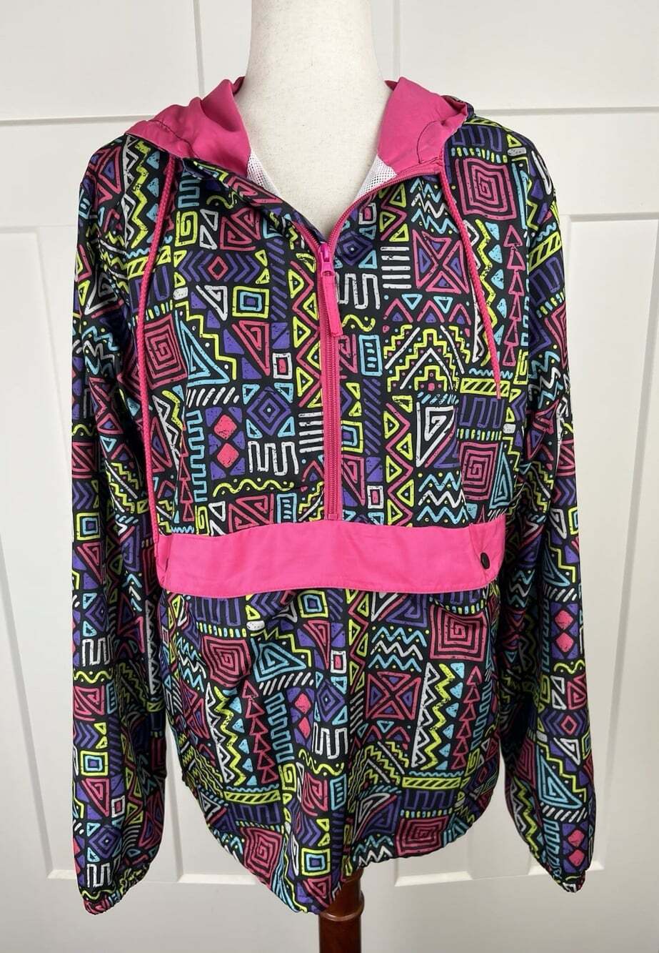 Black Jack 1999 USA Neon Geometric Print Hooded Windbreaker Pullover M Retro